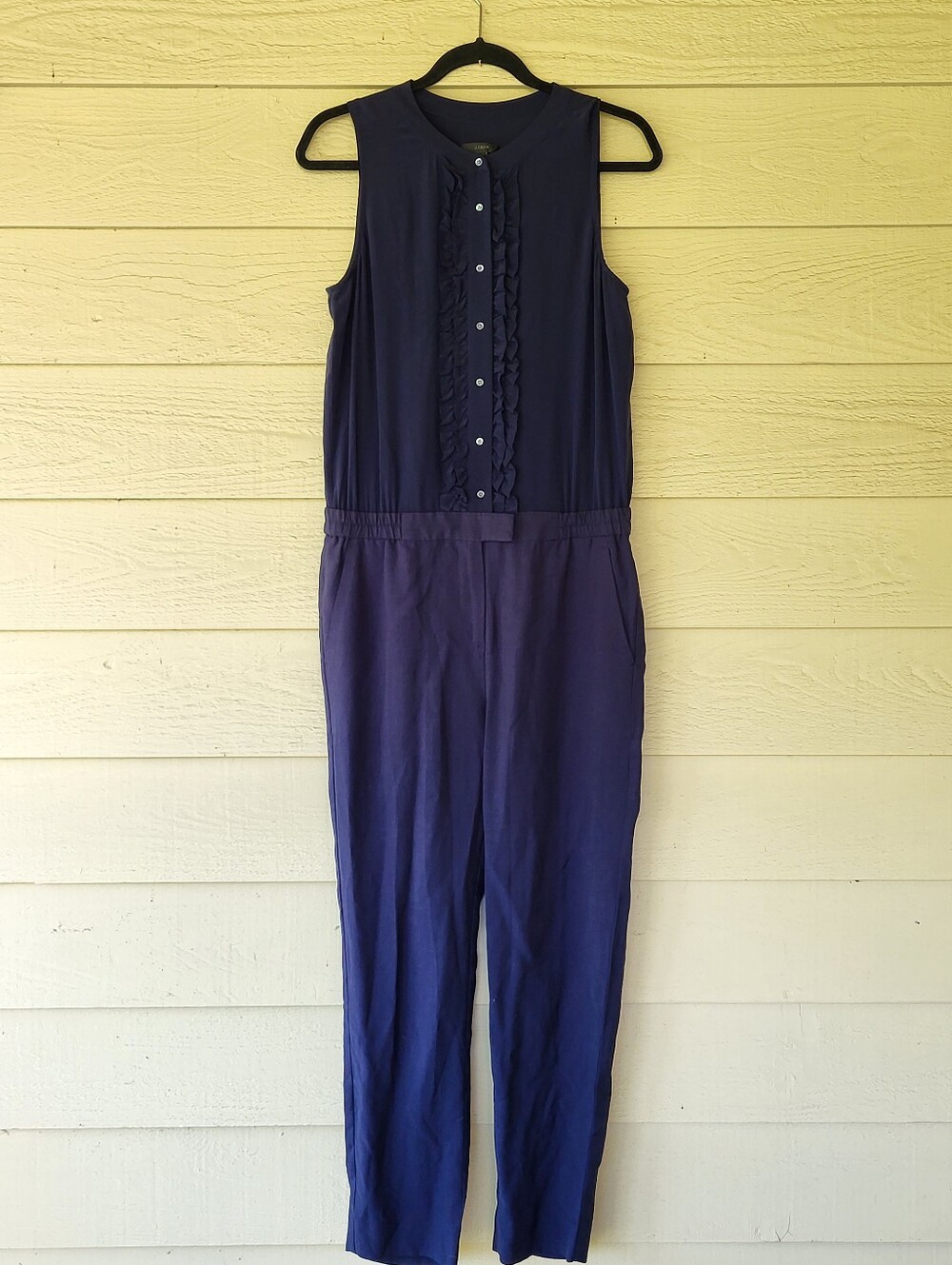 J.Crew Tall 6T Jumpsuit Navy Ruffle Button Front Pockets Silk Top